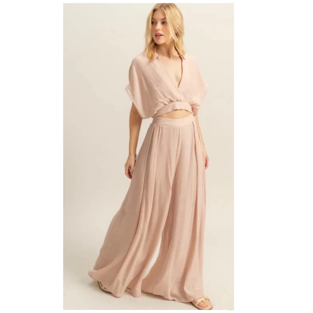 HYFVE Kimono Sleeve Crop Top and Wide Leg Pants Set Tan Gauze Medium